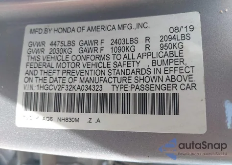 2019 Honda Accord Sport z USA, uszkodzony, nr VIN 1HGCV2F32KA034323